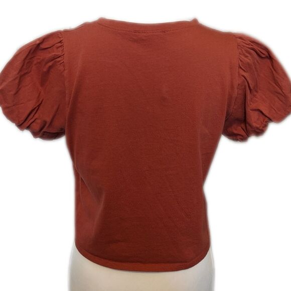Tres Bien dusty rose/coral slightly cropped puff sleeve tee t-shirt, S - Picture 2 of 4
